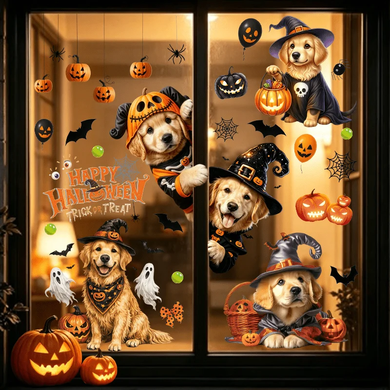 3pcs Halloween Golden Retriever Themed Window Wall Stickers，suitable for cabinets, bedroom, glass doors, windows wall decor
