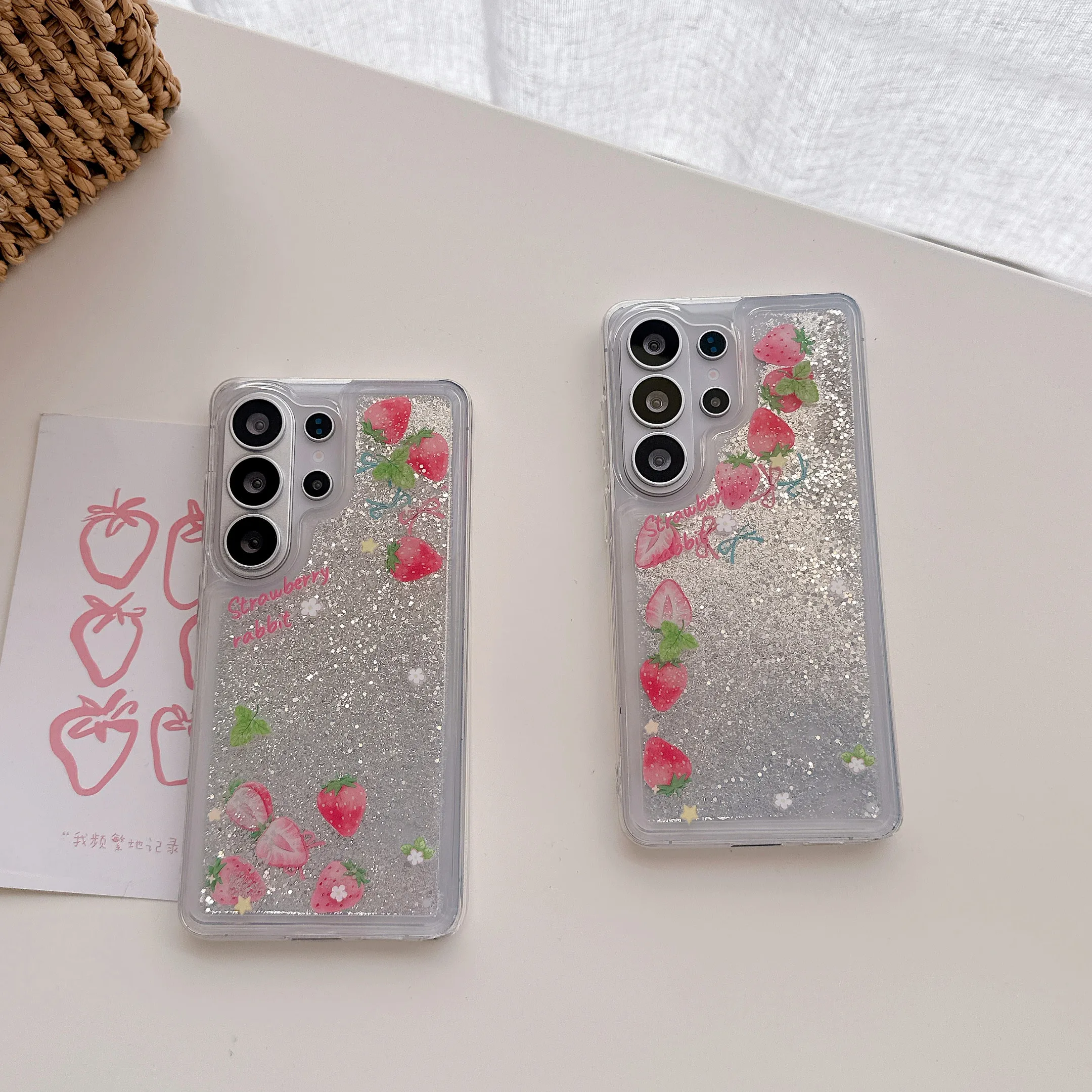 

Cute Strawberry Quicksand Glitter Phone Case For Samsung Galaxy S26 S26Ultra S26+ S25+ S24 Plus Ultra Soft TPU Case For Girls