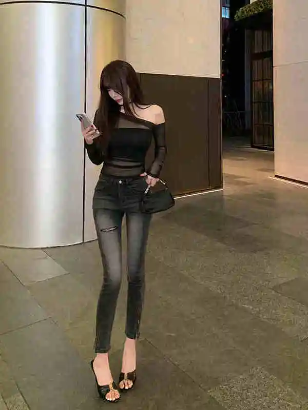 

American Style Zipper Smoke Grey Denim Skinny Pants Women High Waist Butt Lifting Long Leg Design Ripped Pants Spring