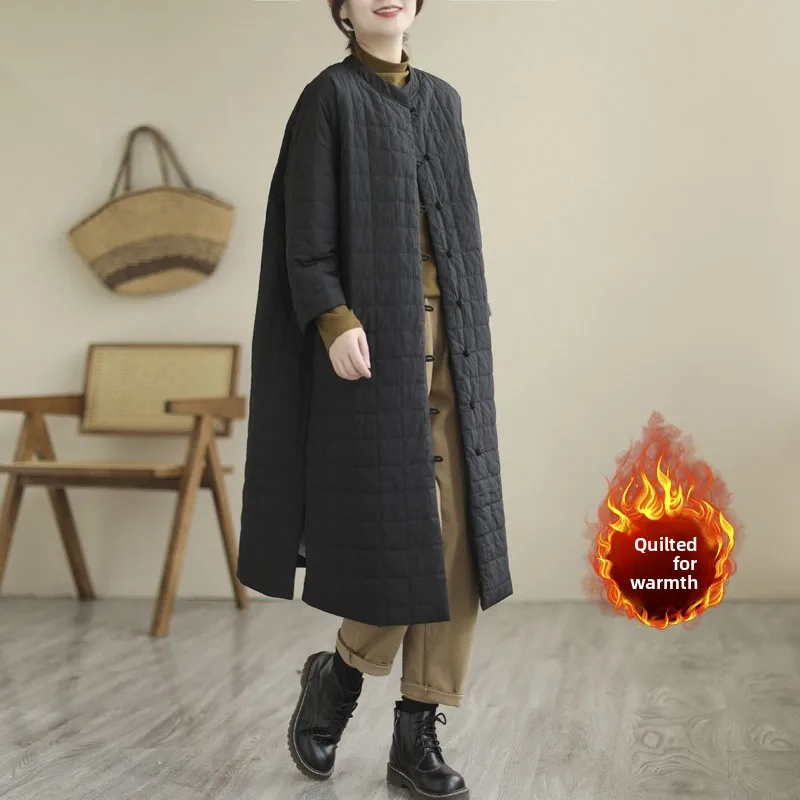 레트로 롱 코튼 재킷 여성용 큰 사이즈 코트 스탠드 칼라 슬릿 디자인 엘레 가을 겨울 아우터웨어 출퇴근 스타일
