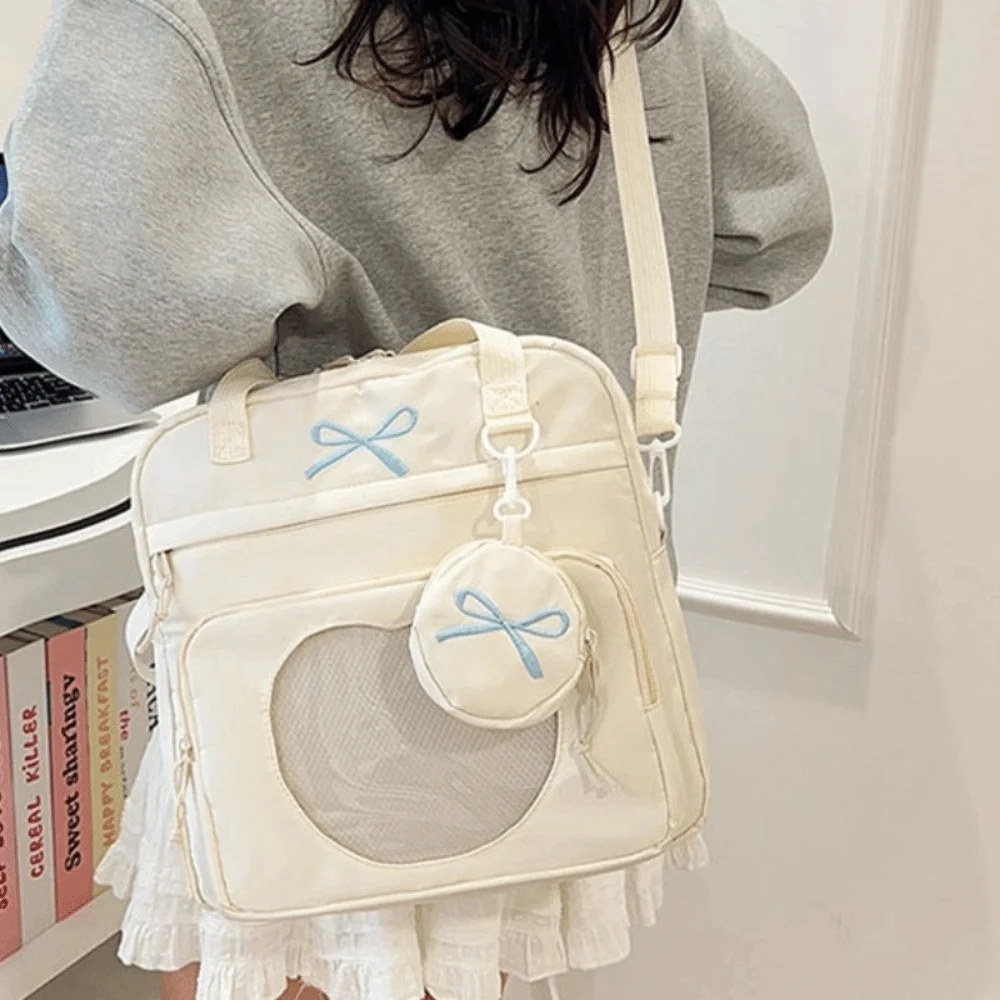 

Fashion Lace Decoration Bow Ita Bag Solid Color Y2K Transparent Shoulder Bag PVC Large Capacity Badge Display Bag Girl