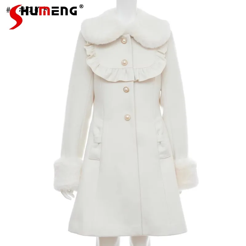 Japanese Lady Fur Collar Fur Sleeve Coats Women Autumn and Winter Slim Back Waist Lace-up Long Sleeve Mid-Length Woolen Coat