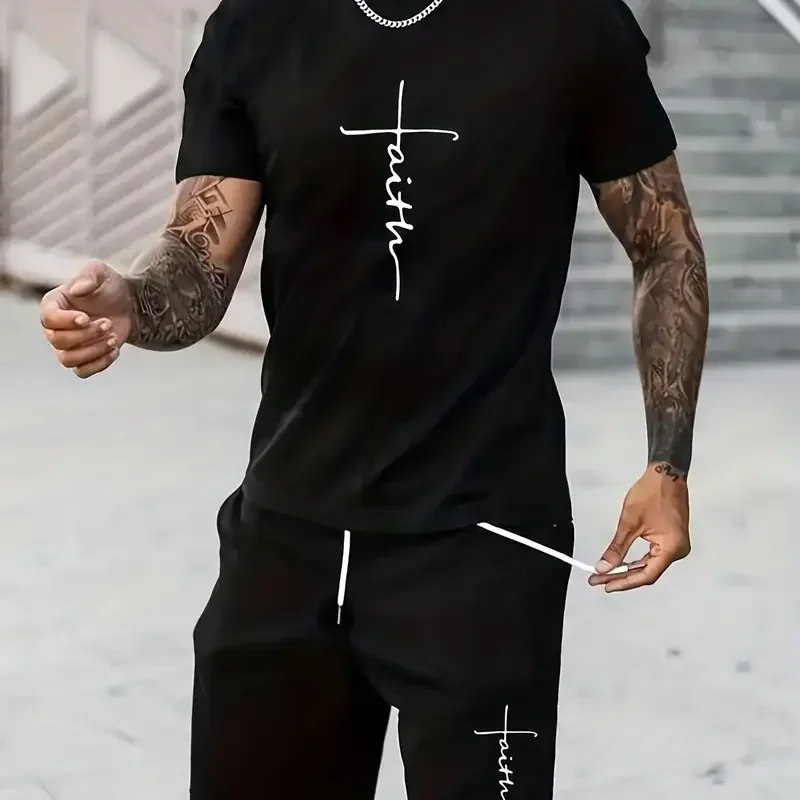 Men's Letter Jesus Print Short Sleeve Set Casual Crew Neck T-shirt Shorts Set Two-piece Set Outfits Teen Summer Tracksuit Set