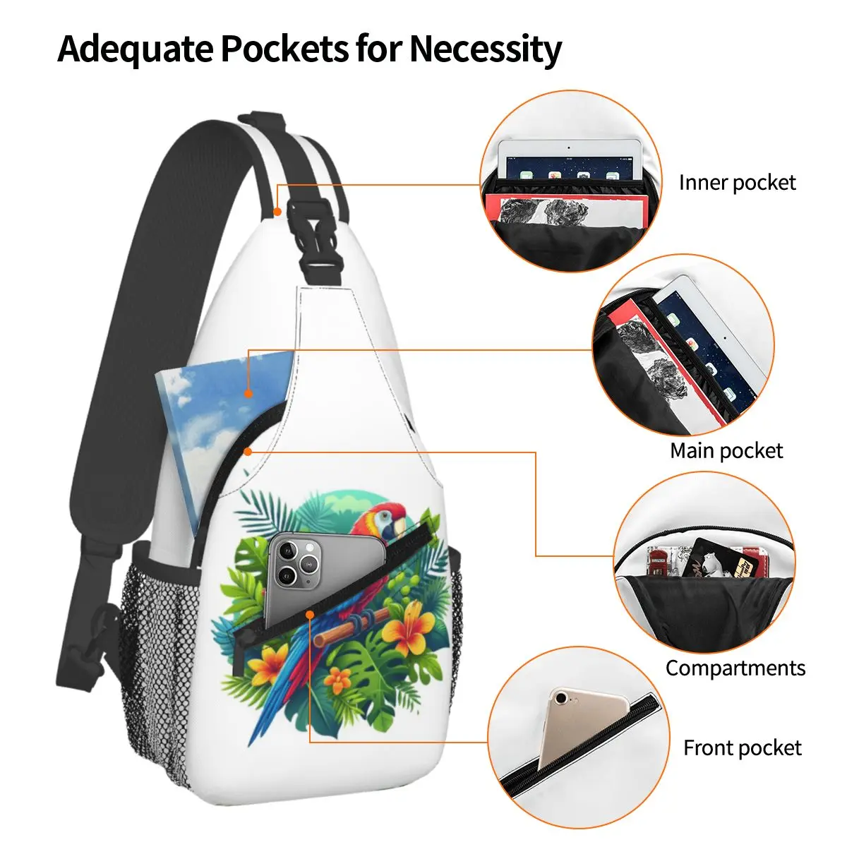 Colorful Tropical Parrot With Flowers Print Chest Bag Men Sling Crossbody Backpack Chest Bag Hiking Daypack Shoulder Bag