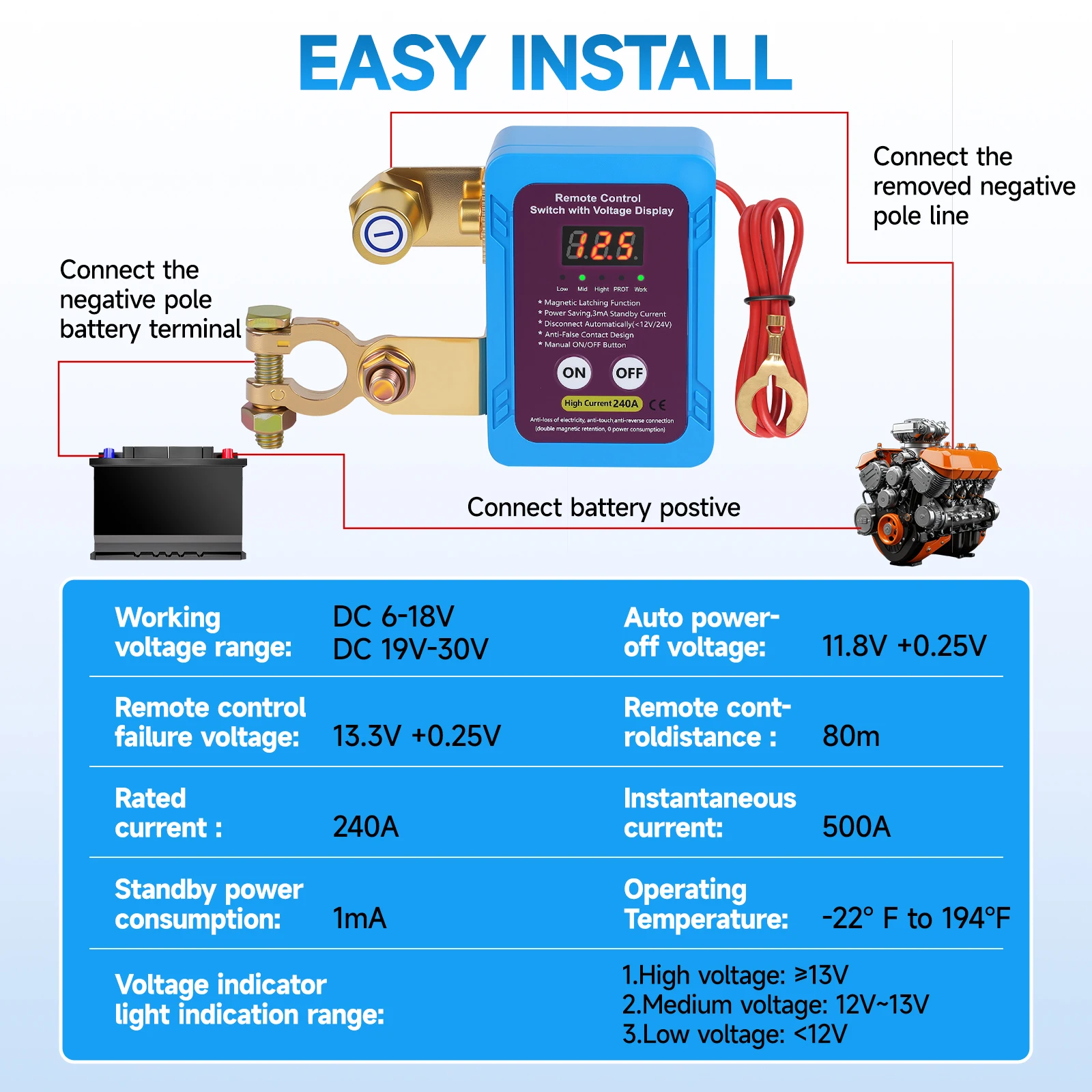 سيارة قتل التبديل مكافحة سرقة البطارية عن بعد قطع التبديل مجموعة 12 فولت 240A مع Led الجهد عرض الجهد الذكية لسيارة شاحنة RV #2