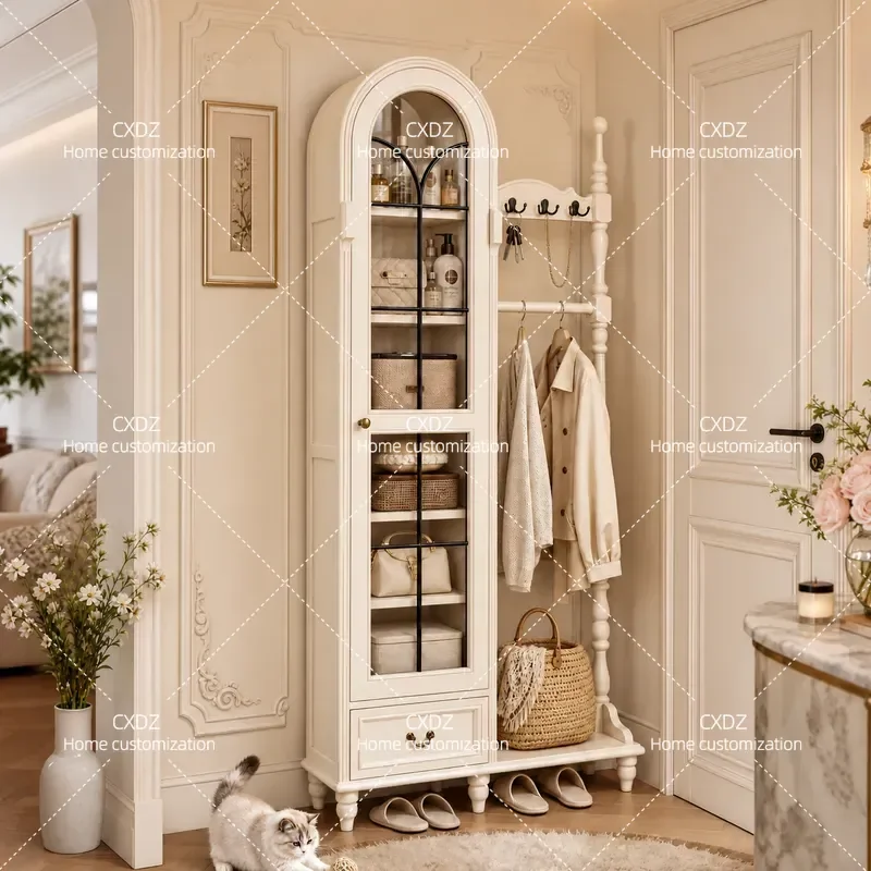 Solid Wood Coat Rack with Storage Cabinet Glass Dust-proof Display Shelf Entryway Bedroom Wardrobe Organizer Furniture