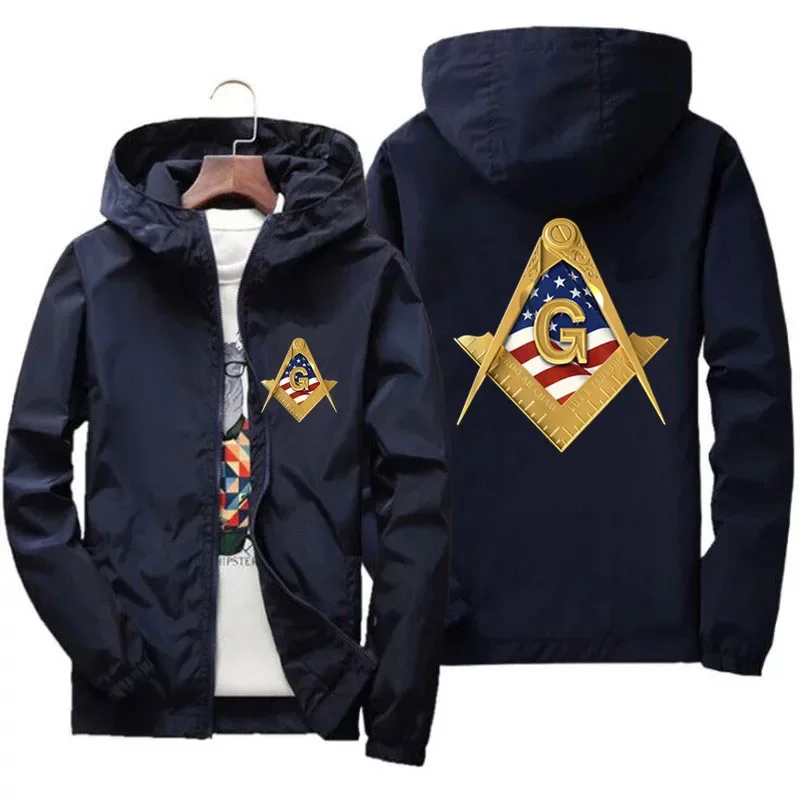 

Men's Masonic Usa American Flag Square Compass Freemason Bomber Windbreaker Coat Jacket Zipper Hooded Pilot Thick Parkas Tops