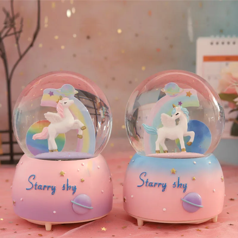 Crystal Ball Music Box Girl Heart Unicorn Luminous Snowflake Music Box Girlfriend Birthday Gift Resin Ornament Snow Globe