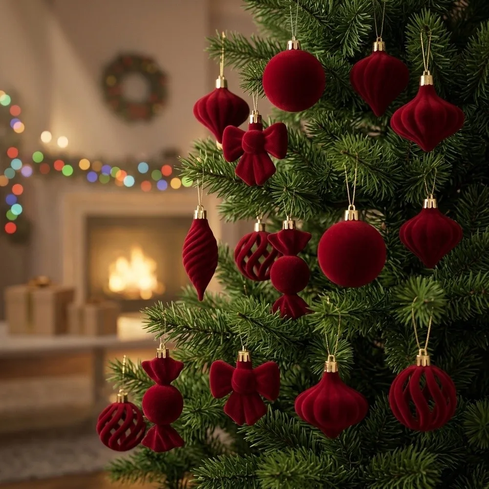 Juego de 13 adornos navideños de terciopelo burdeos: bolas de vino tinto con efecto flocado, lazos de caramelo, bolas en espiral y bolas en forma de lágrima, decoración elegante para el árbol de Navidad.