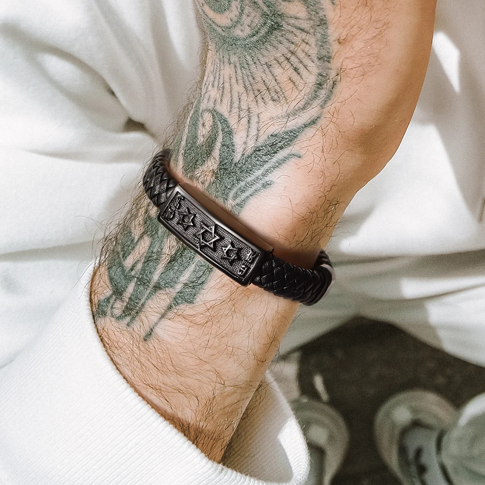 

Stainless Steel 13mm Black Leather Retro Star of David Band Charm Men Bracelets 19/21/23cm Magnetic Safe Clasp Wristband Jewelry