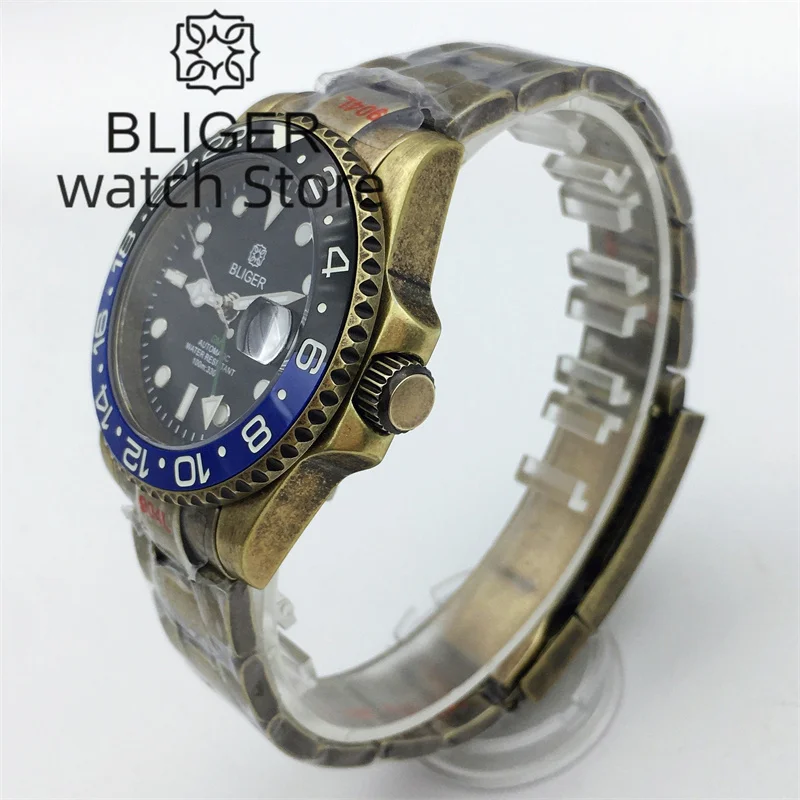 BLIGER NH34A GMT Function Classic 40mm Men\'s Automatic Cusn8 Solid Bronze Watch Black Dial Sapphire Glass Bronze Bracelet