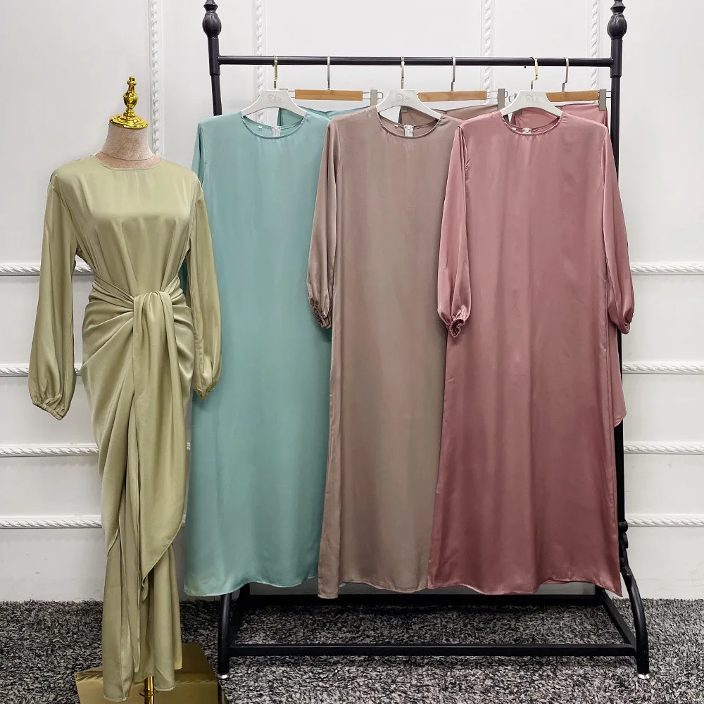 Ramadan 2 Piece Silky Satin Abaya Set Muslim Arabic Long Hijab Dress Wrap Front Skirt Women Dubai Modest Matching Outfit Kaftan