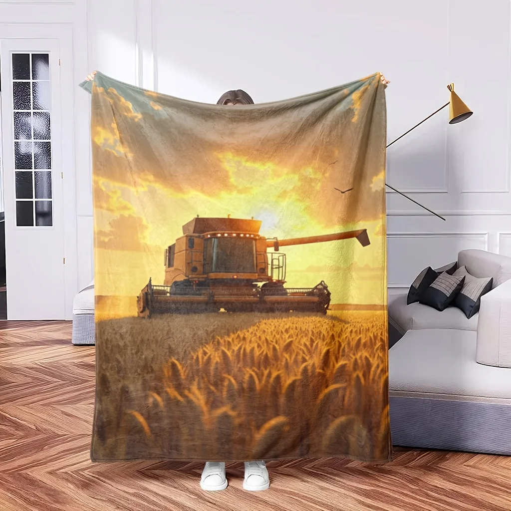 Harvester Theme Flannel Blanket Soft High-Definition Digital Print Farm Machinery Landscape Design Golden Tone All-Season Use! S