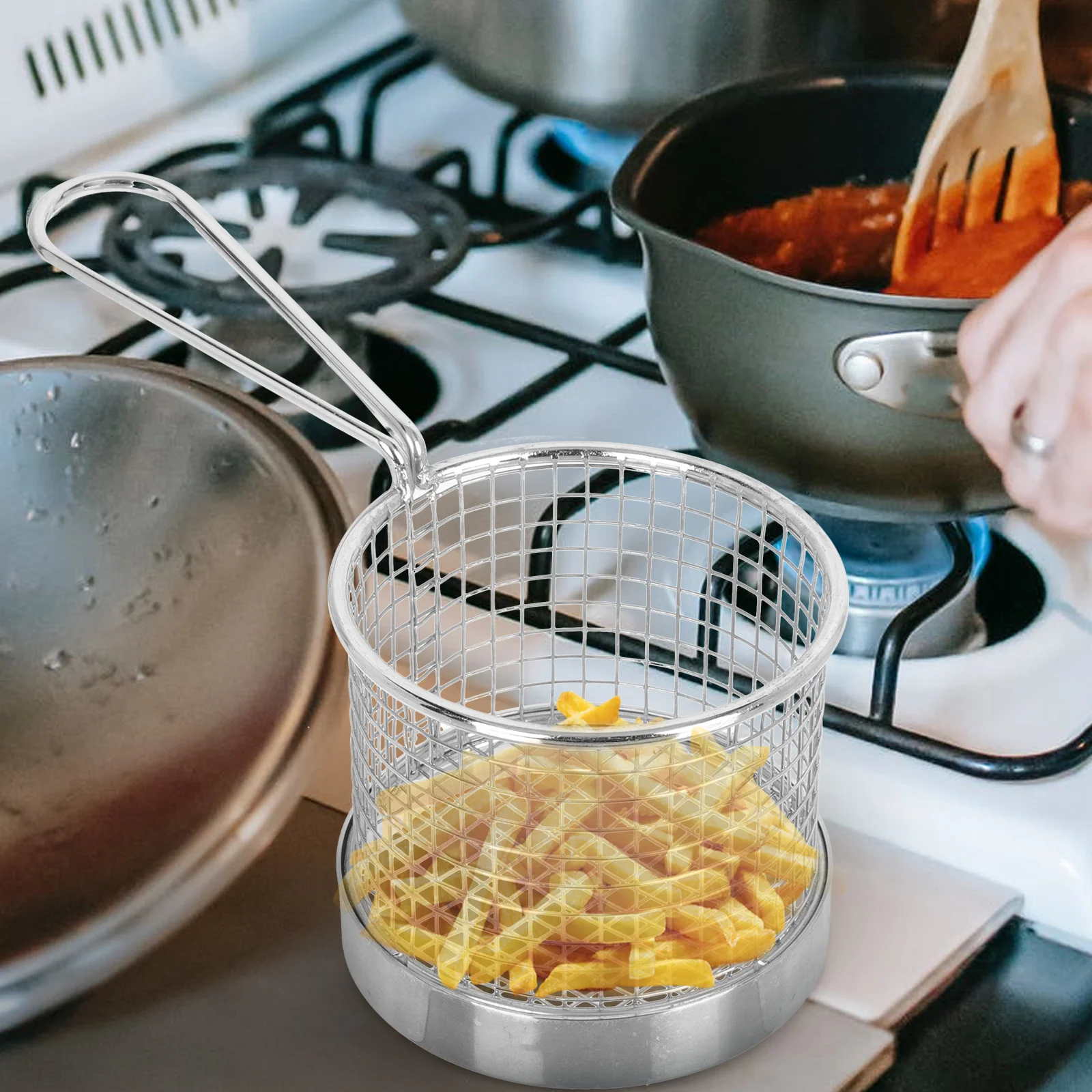 

Нержавеющая сталь для жарки жареной еды, плотные сливные отверстия, многоразовые чипсы для дома, кухни, ресторана, длинная ручка, слив масла, закуски