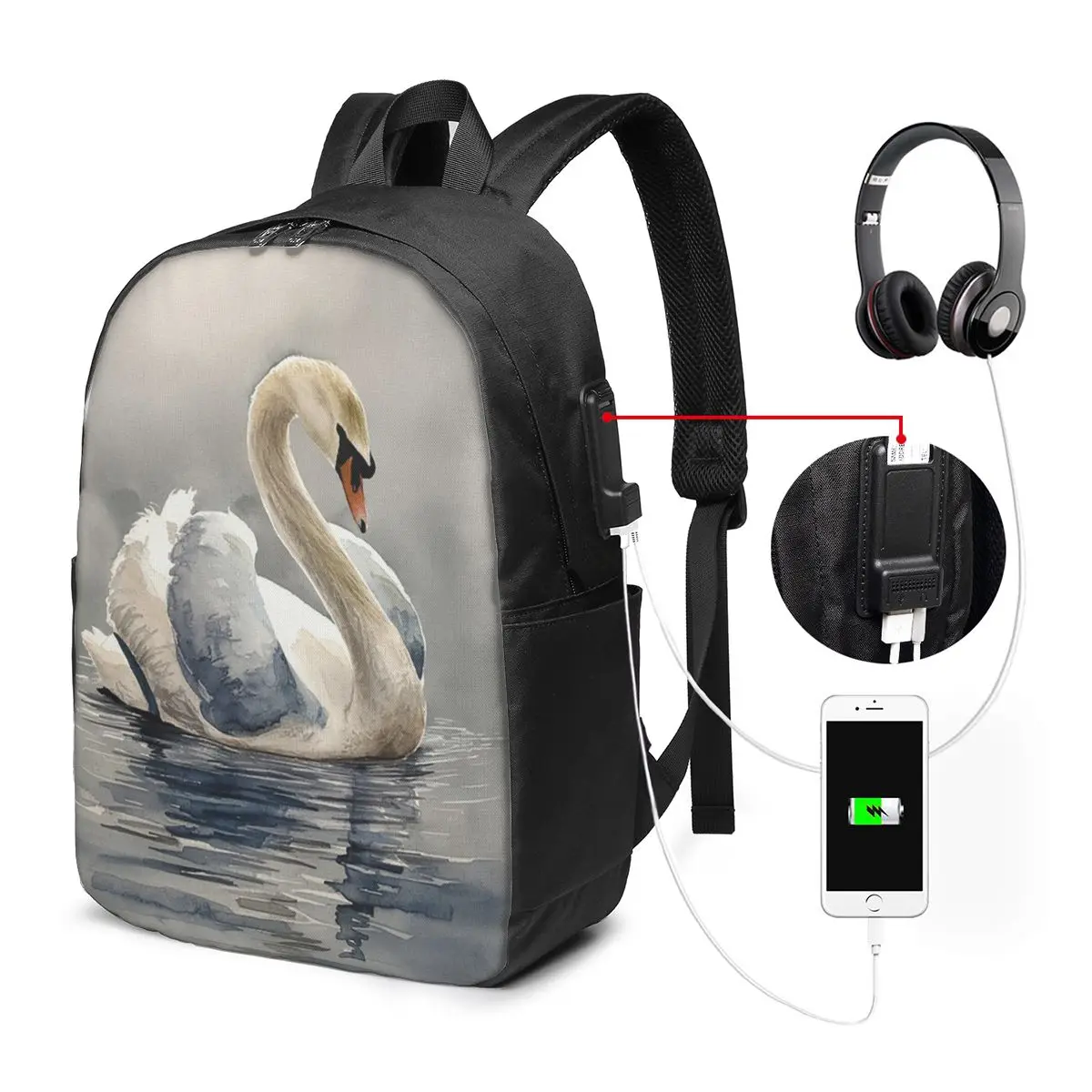 Elegant White Swan Gliding On Water Backpack Travel Notebook Bag Computer College Student School Bag Laptop Shoulder Bags