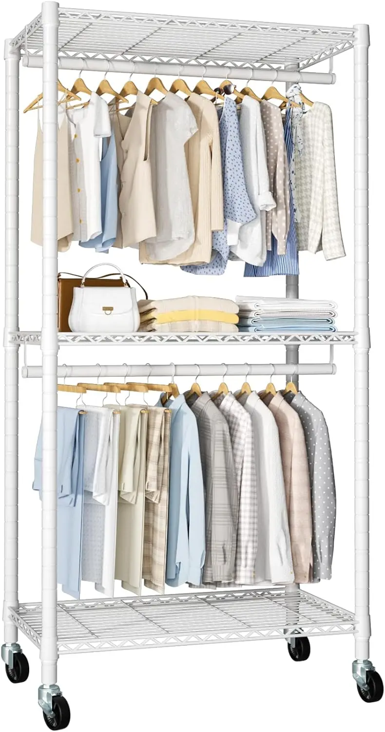 

P2 Portable Closets, Rolling Heavy-Duty Garment Rack, 3 Tiers Metal Closet Wardrobe System, Clothes Organizers