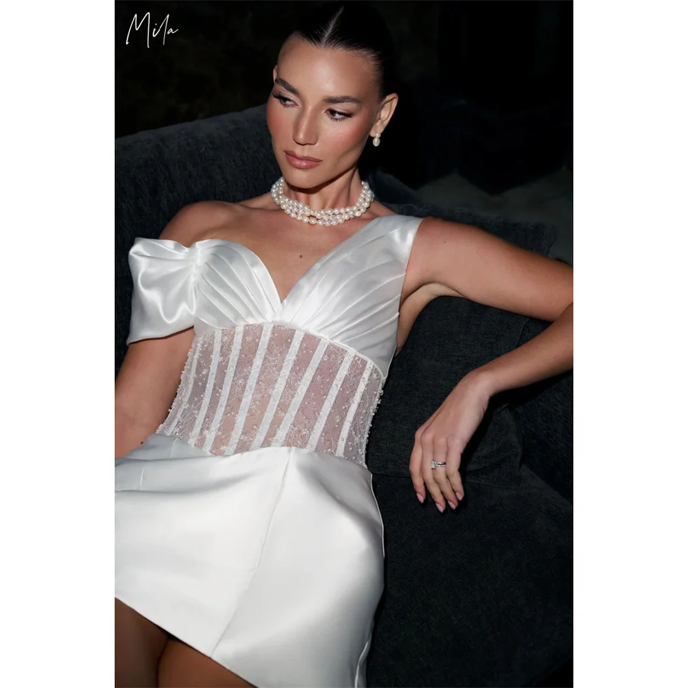 فساتين حفلات الزفاف الصغيرة بكتف واحد من Mila مطرز بالدانتيل فساتين سهرة أنيقة مخصصة بسحاب أبيض من الساتان فيستدوس دي فييستا