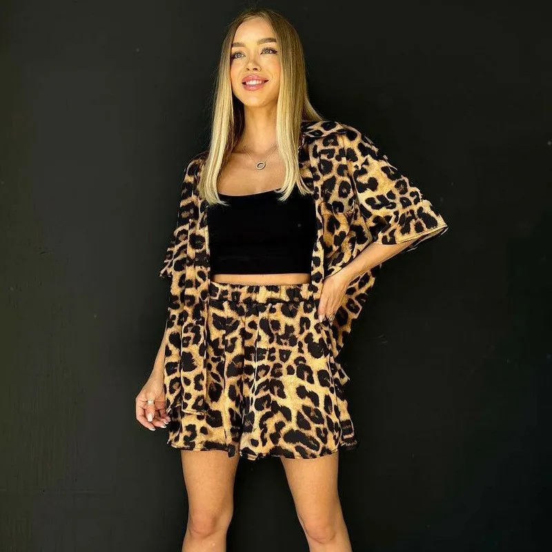 Sexy Leopard Print Shorts Suit Women's Sets Casual Loose Shirt Shorts Two Piece Set For Women Spring Summer Outfits Female