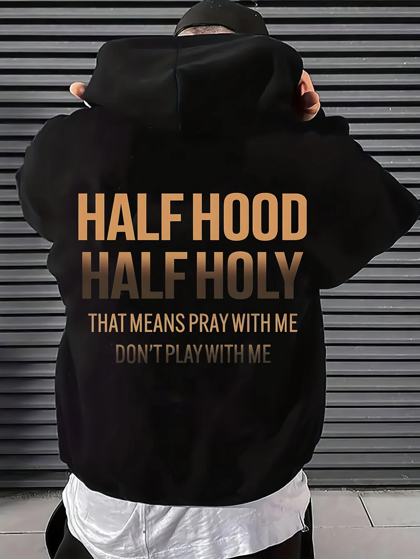 Golden gradient bold letter back print men's hooded sweatshirt. Street slogan loose casual comfortable hooded sweatshirt