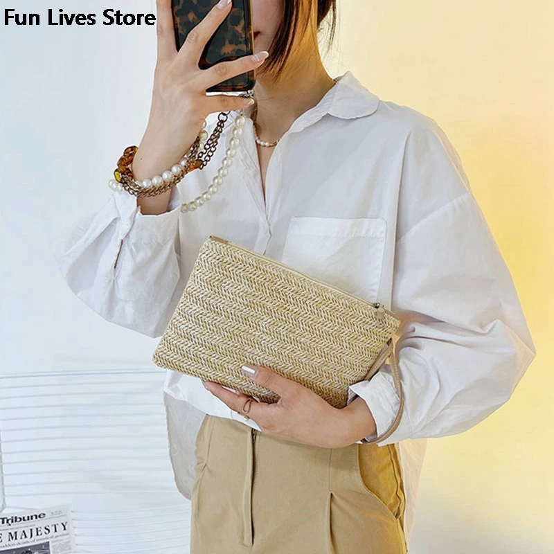 Straw Beach Bag Vintage Handmade Woven Shoulder Bag Raffia Square Rattan Purse Bohemian Summer Vacation Casual Bags Large Wallet