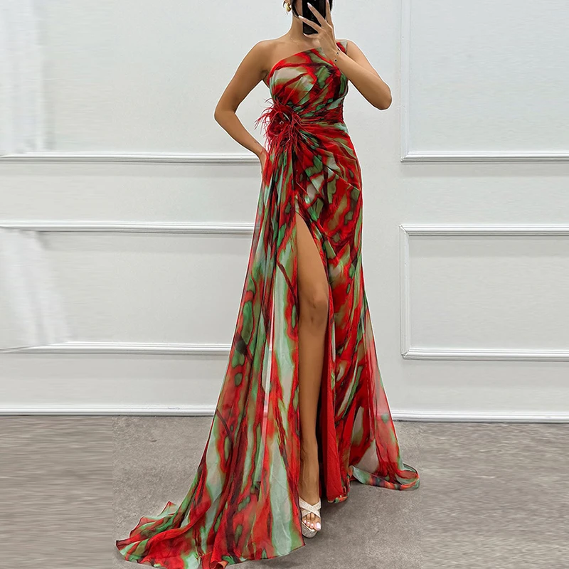 Elegant Floral Print Hight Waist Long Party Dress Fashion Split Women Evening Dress Sexy Diagonal Collar Pleated Chiffon Dresses