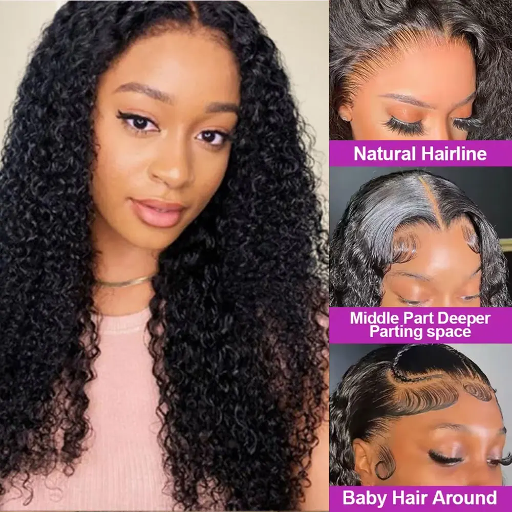 제리 컬리 롱 인모 가발 40인치 13x4 HD 레이스 프론트 가발 250% 밀도 킹키 컬리 HD 투명 레이스 프론트 가발