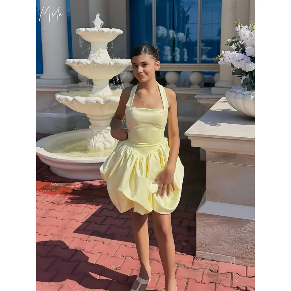 

Mila Yellow Halter Neck Wedding Party Dresses A-Line Sleeveless Customized Evening Dresses Midi Zip Satin vestidos de fiesta