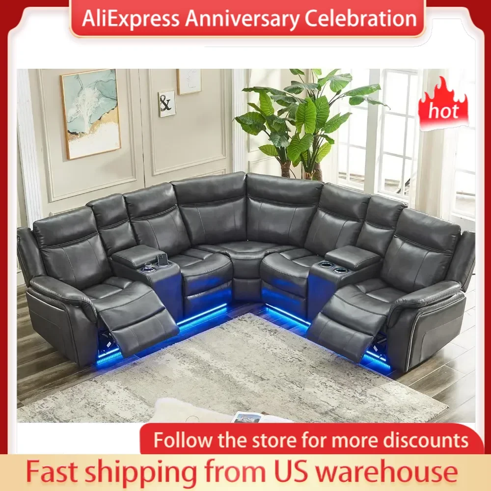 Faux Leather Reclining Corner Sectionals Couch Sets Power Recliner Sectional Sofa Couches with LED Light for Living Room