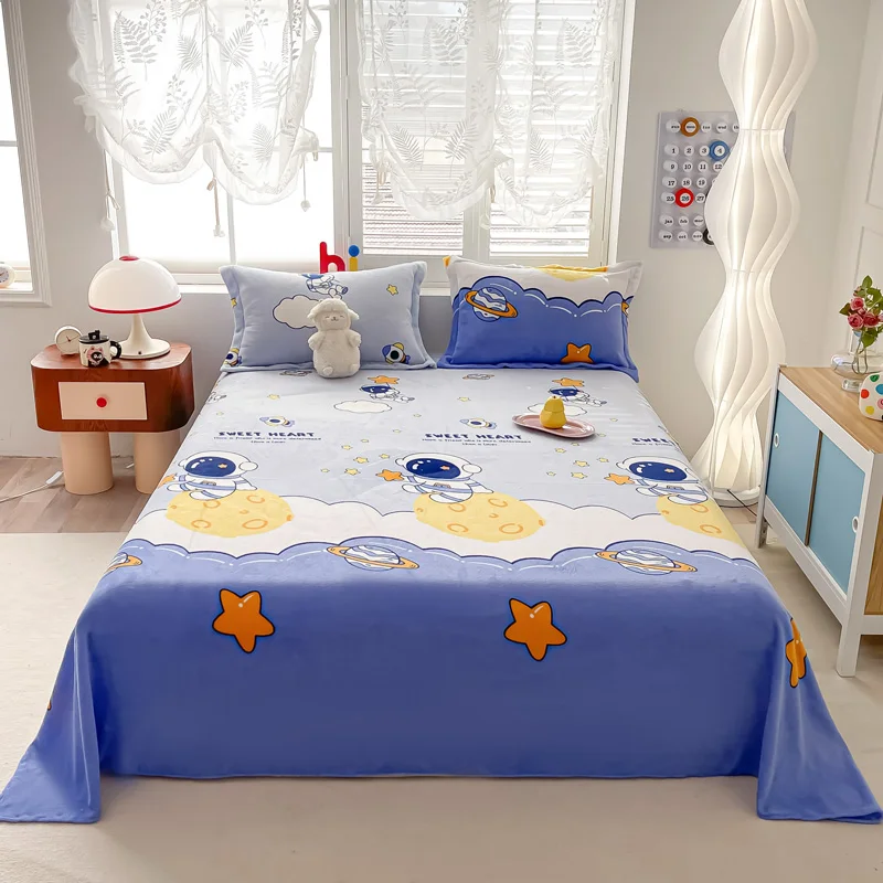 Kids Boys Cartoon Astronaut Flannel Flat Sheet 3pcs Bedding Set Planet Stars Plush Bed Sheet Polyester Sheets with 2 Pillowcases