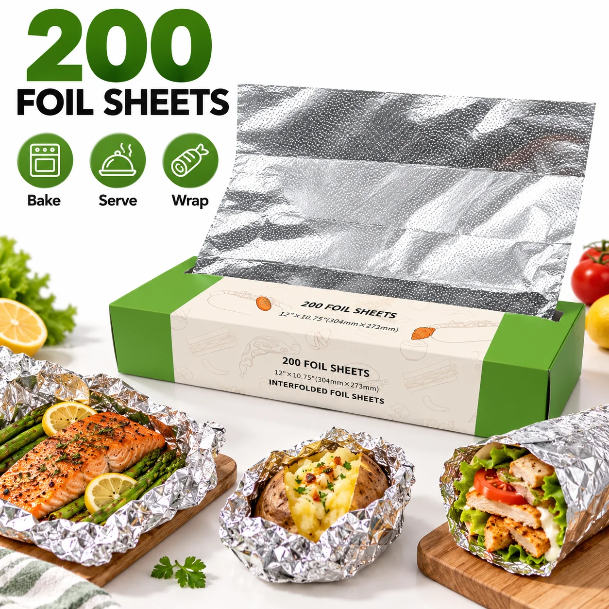 200 Count Pop-Up Aluminum Foil Sheets (12' X 10.75') – Pre-Cut Interfolded Tin Foil Dispenser Box, Heavy Duty Food Wrap Sheets for Sandwiches, Grilling, Baking, Catering & Food Prep