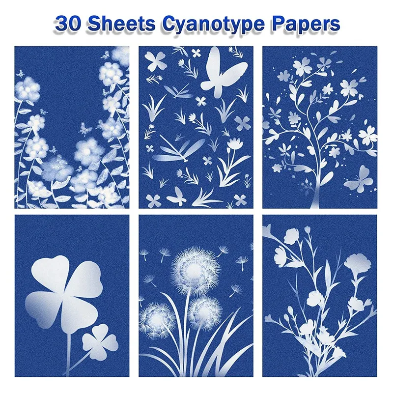 Cyanotype Papier, 30 Pcs A5 Zon Print Papier Kit, hoge Gevoeligheid Zon Print Natuur Afdrukken Papier Solar Tekening Pape