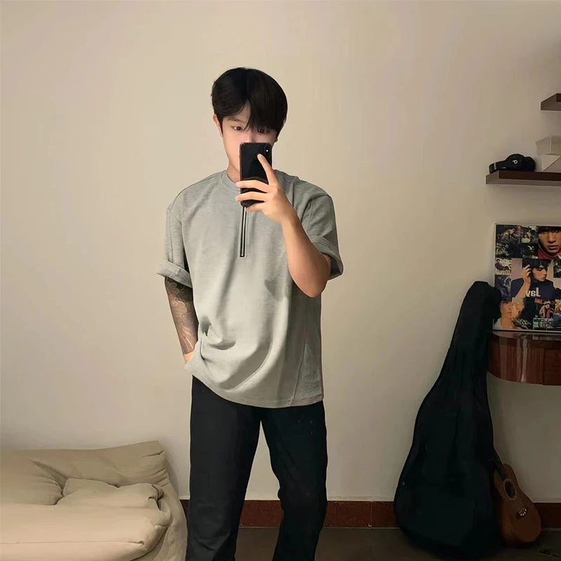 

ay Zippered ort-Sve Men's T-irt round Ne f Unzipped Lightweight Faionable Summer Top for Teenagers
