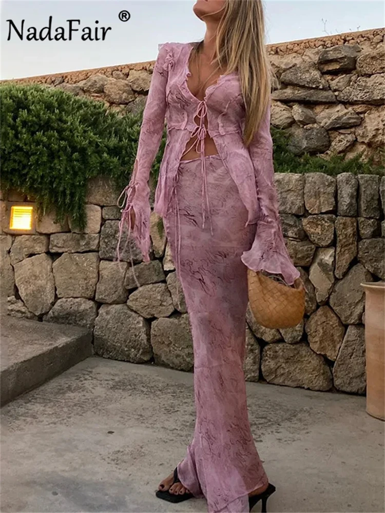 Nadafair Chiffon Elegant Women‘s 2 Piece Set Beach Printed V Neck Cardigan Shirt+Long Maxi Skirt Bandage Ruffles Green Y2K 2024