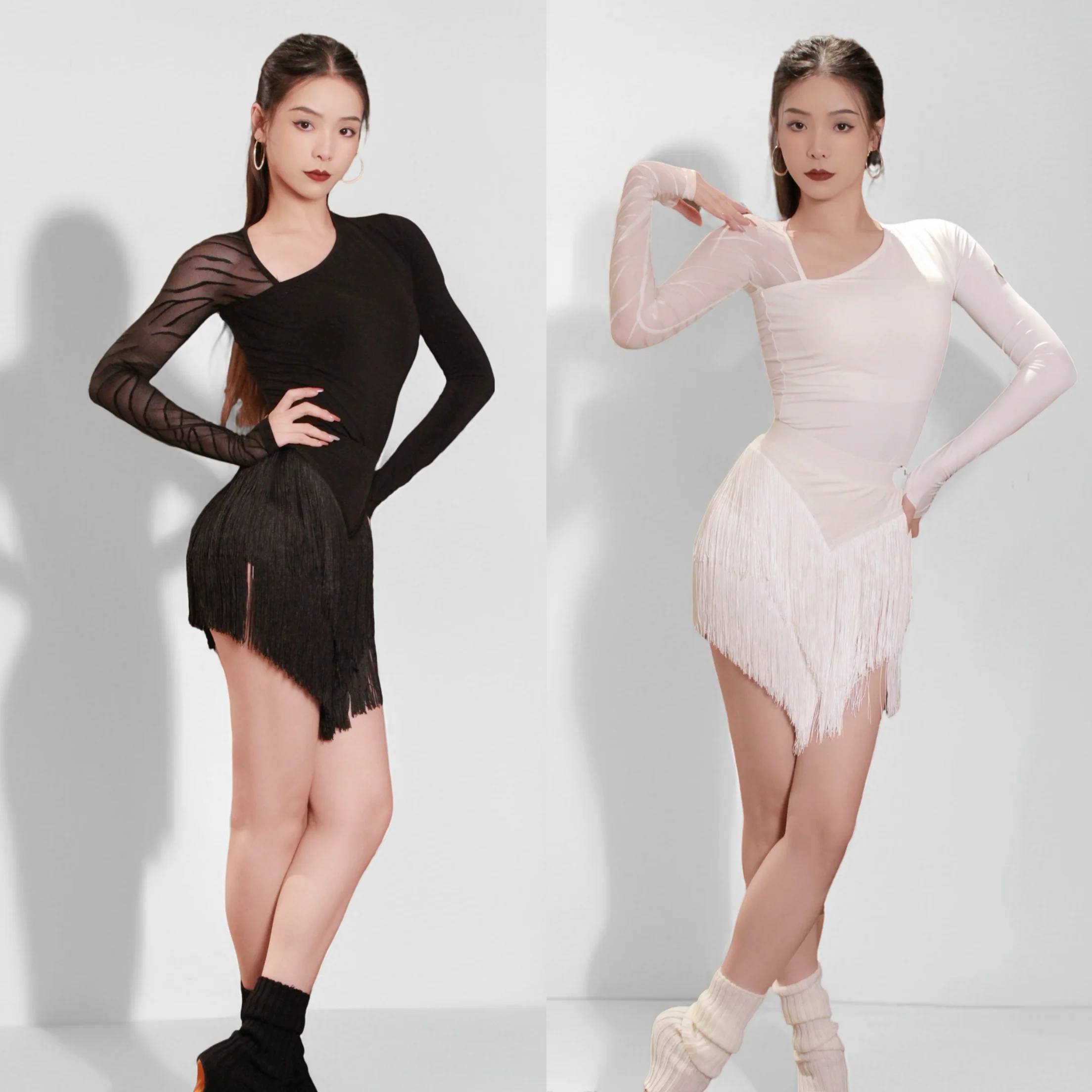 2025 Adult Female Latin Dance Slant Neck Long Sleeve Top Tassels Skirt For Women Rumba Chacha Performance Practice Wear DQL12322