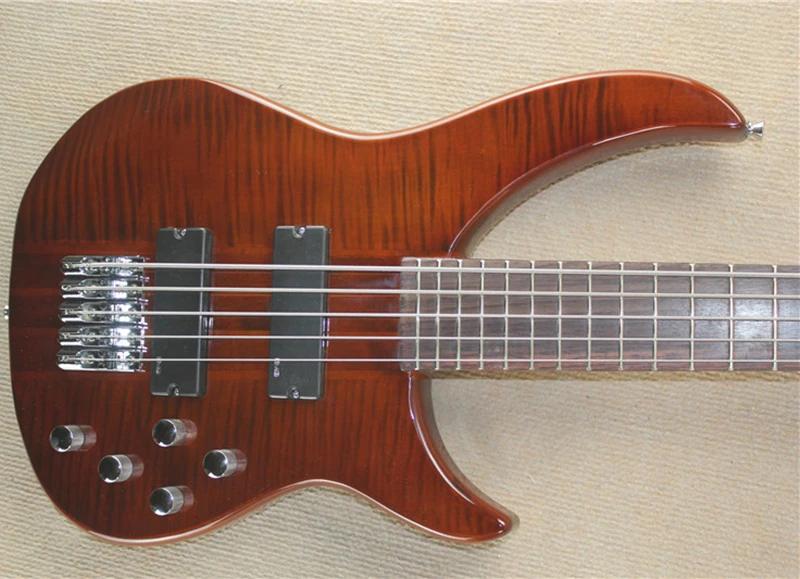 Flyoung 5 Strings Flame Maple Top Electric Bass Guitar with Chrome Hardware,Offer Customize