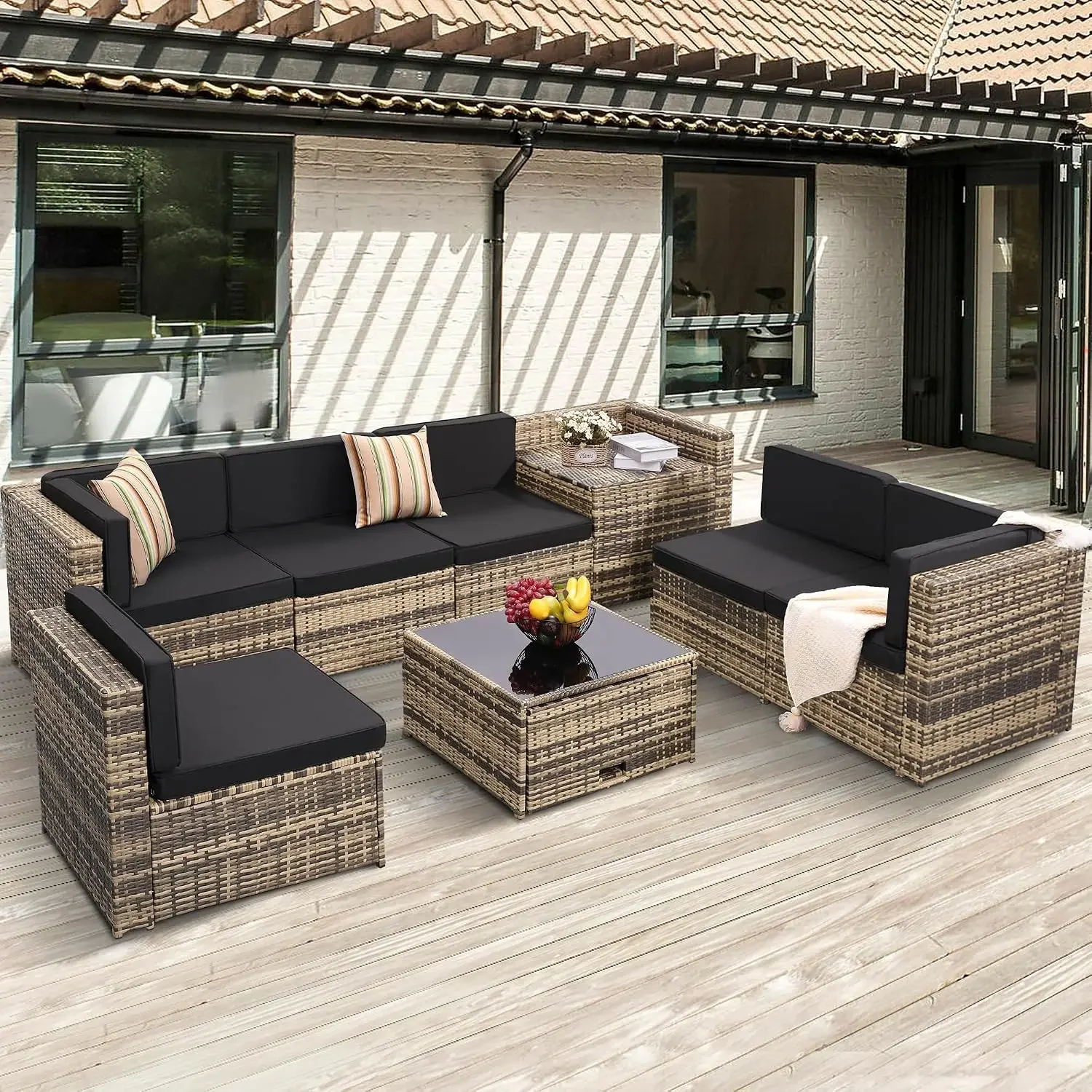 Black Wicker Patio Set 8 Piece Storage Table Glass Top Sectional Cushions