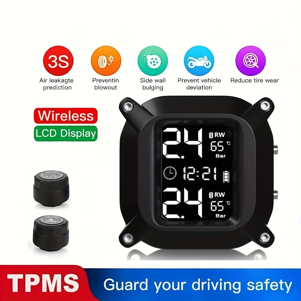 Motorcycle Tire Pressure Monitoring System with 2 External Sensors, LCD Wireless Motorcycle Tire Pressure Monitoring System