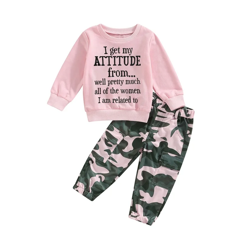 Toddler Girls Clothes 2T 3T 4T 5T Fall Outfits Baby Pullover Sweatshirt & Camouflage Pants Set Kids Winter Sweatsuit