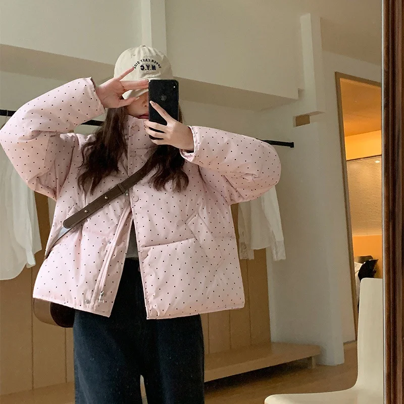 سترة نسائية قطنية منقطة حلوة شتوية جديدة بأكمام طويلة متعددة الاستخدامات فضفاضة على الموضة للطلاب وياقة واقفة معطف قصير #1