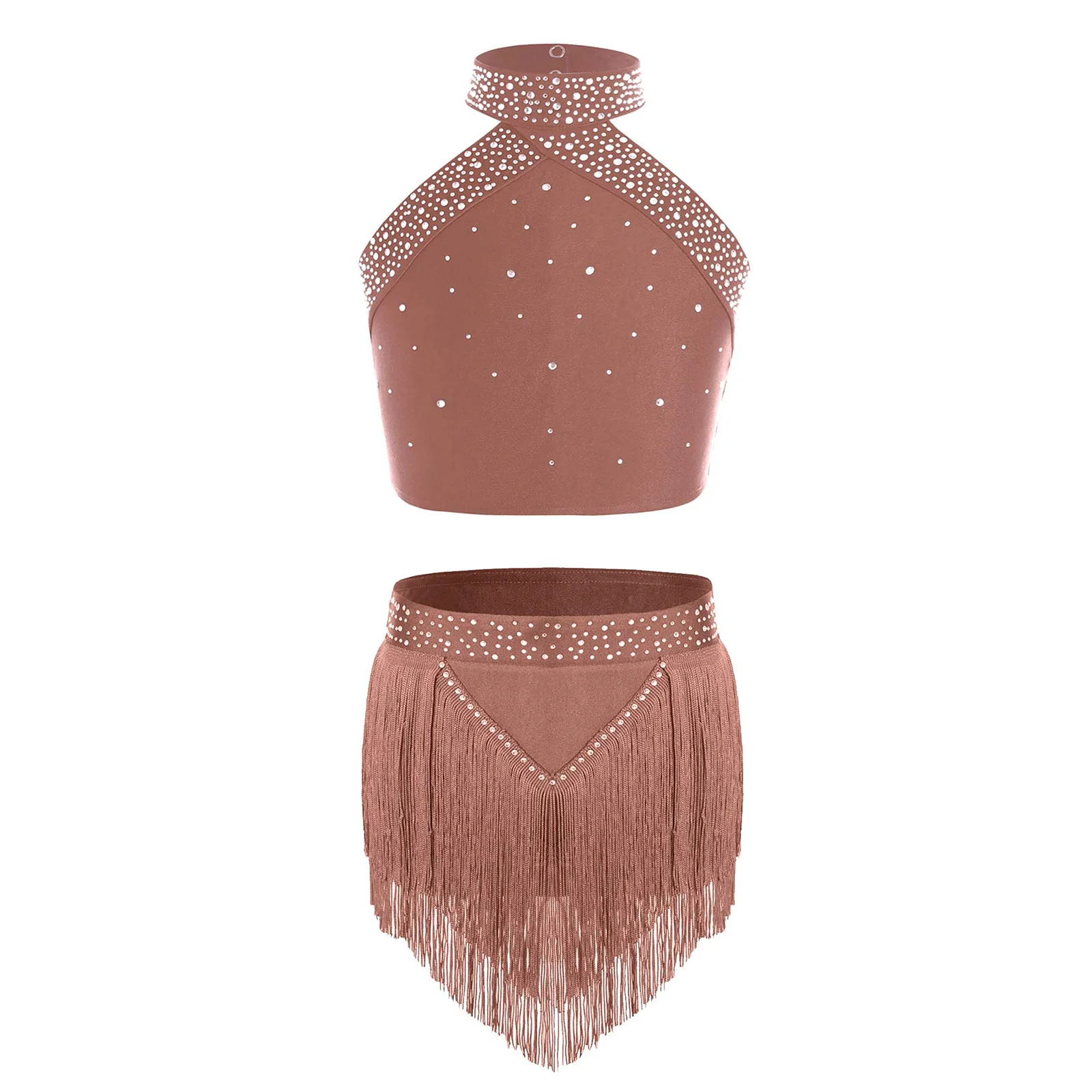 

Girls Figure Skating Dance Outfit Sleeveless Shiny Rhinestones Vest with Tassels Shorts for Yoga Latin Performance Dancewear