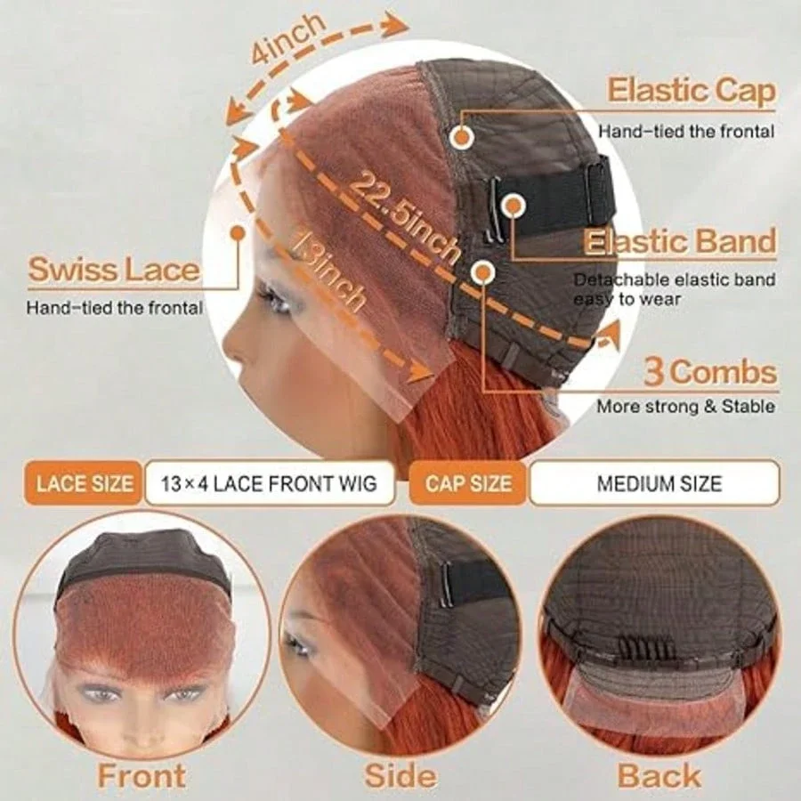 Ginger Orange 13X6 Hd Lace Frontal Human Hair Wig 200 Density Body Wave Human Hair Wigs 13X4 Brazilian Orange Colored Hair For Women view 8