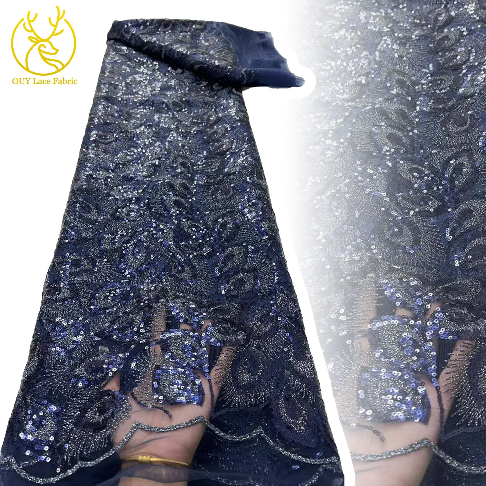 

2025 Latest Design French Bridal Embroidered Lace Fabric High-Quality African Nigerian Sequin Tulle Lace Fabric Party Dress