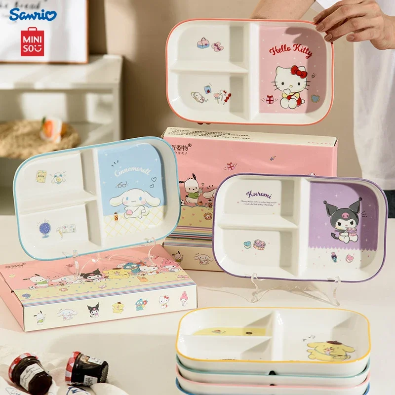 Miniso Hello Kitty Cutlery Plates Cartoon Kuromi Micro-Wave Oven Dessert Plate Cute Kawaii Pom Pom Purin Printing Ceramic Dishes