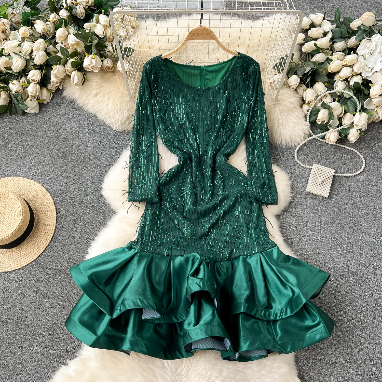 ALPHALMODA 2024 New Luxury High-end Design Sequined Tassel Ruffle Dress Party Celebrity Elegant Ball Dress Banquet Dress