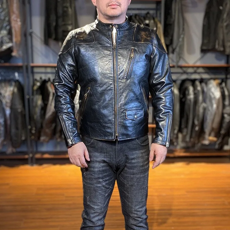 Top layer yellow tea core polished leather men's stand-up collar