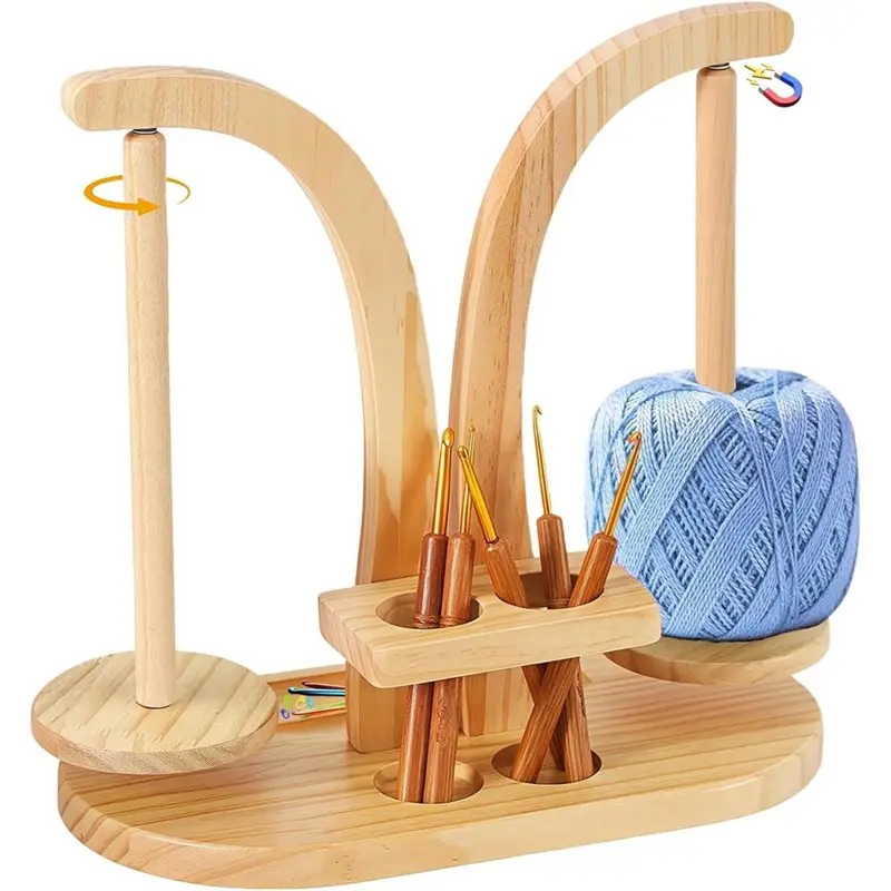 Wooden Yarn Spinner,Magnetic Wool Holder,Double Yarn Ball Holder Stand,Rotatable Spool Holder for Knitting Crochet Lover
