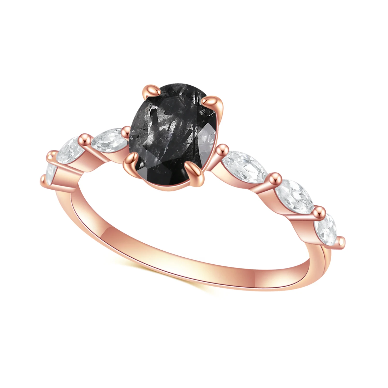 GEM'S BALLET Antique Vintage 6x8mm Oval Floating Black Rutilated Quartz Engagement Rings in 925 Sterling Silver Healing Gift