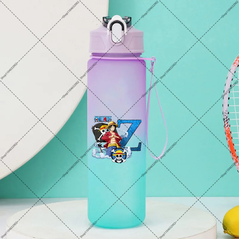 750ML One Piece Water Bottles with Straw Cartoon Anime Pattern Letter A-Z Print Gradient Color Sport Bottle Birthday Party Gifts