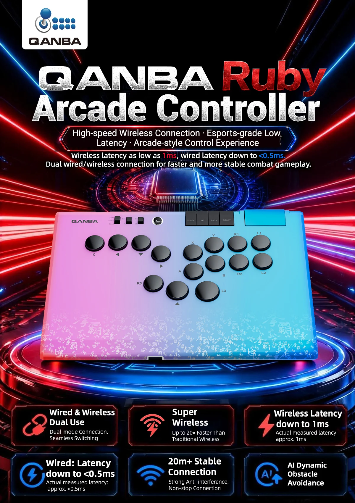 Qanba Ruby Hebellosen Arcade Super Wireless Controller mit 2.4G Drahtlosverbindung und Aufbewahrungstasche für Android PC Steam – Detail 3