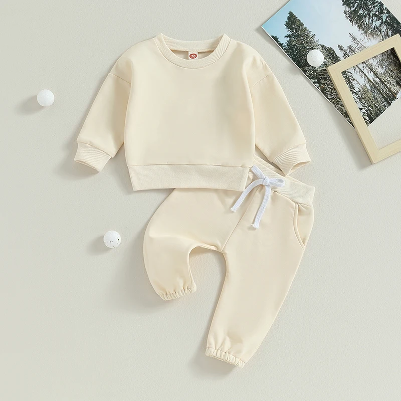 2023-07-05 Lioraitiin 0-3Years Toddler Boys 2Pcs Fall Clothes Sets Solid Long Sleeve Sweatshirt Tops Drawstring Pants Sets